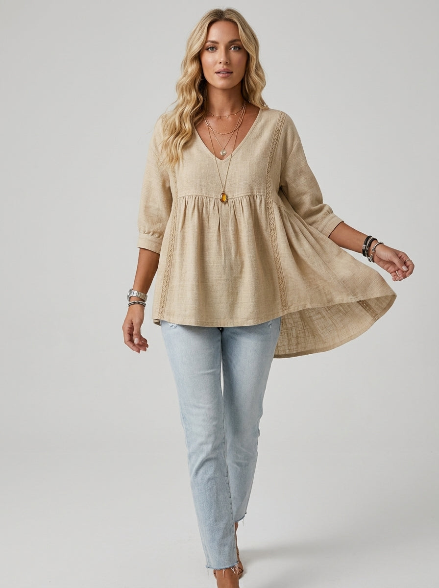 Casual Linen Cotton Lace-Trim Babydoll Blouse in Beige - V-Neck 3/4 Sleeve Top