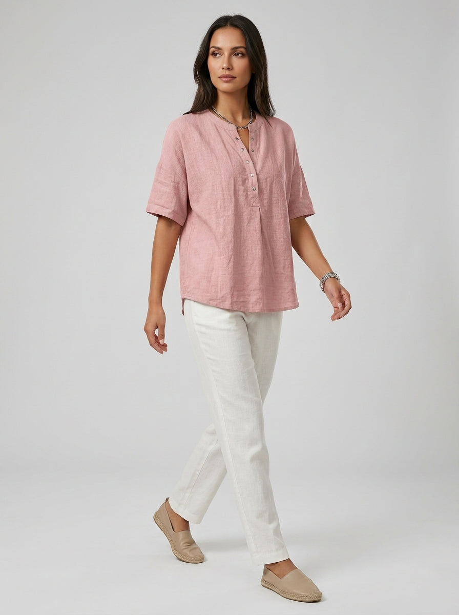 Casual Cotton Linen Henley Top in Dusty Pink - Snap-Button Short Sleeve Blouse