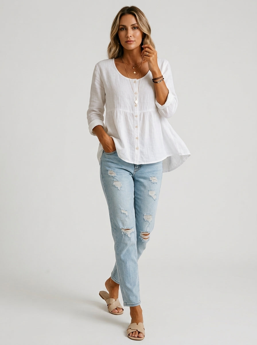 White Linen Cotton Blend Shirt - Round Neck Button-Up Peplum Top