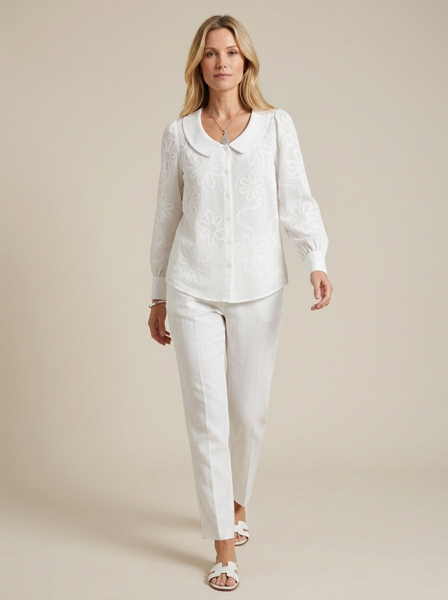 Vintage Cotton Blouse - White Peter Pan Collar Floral Embroidered Long Sleeve Top