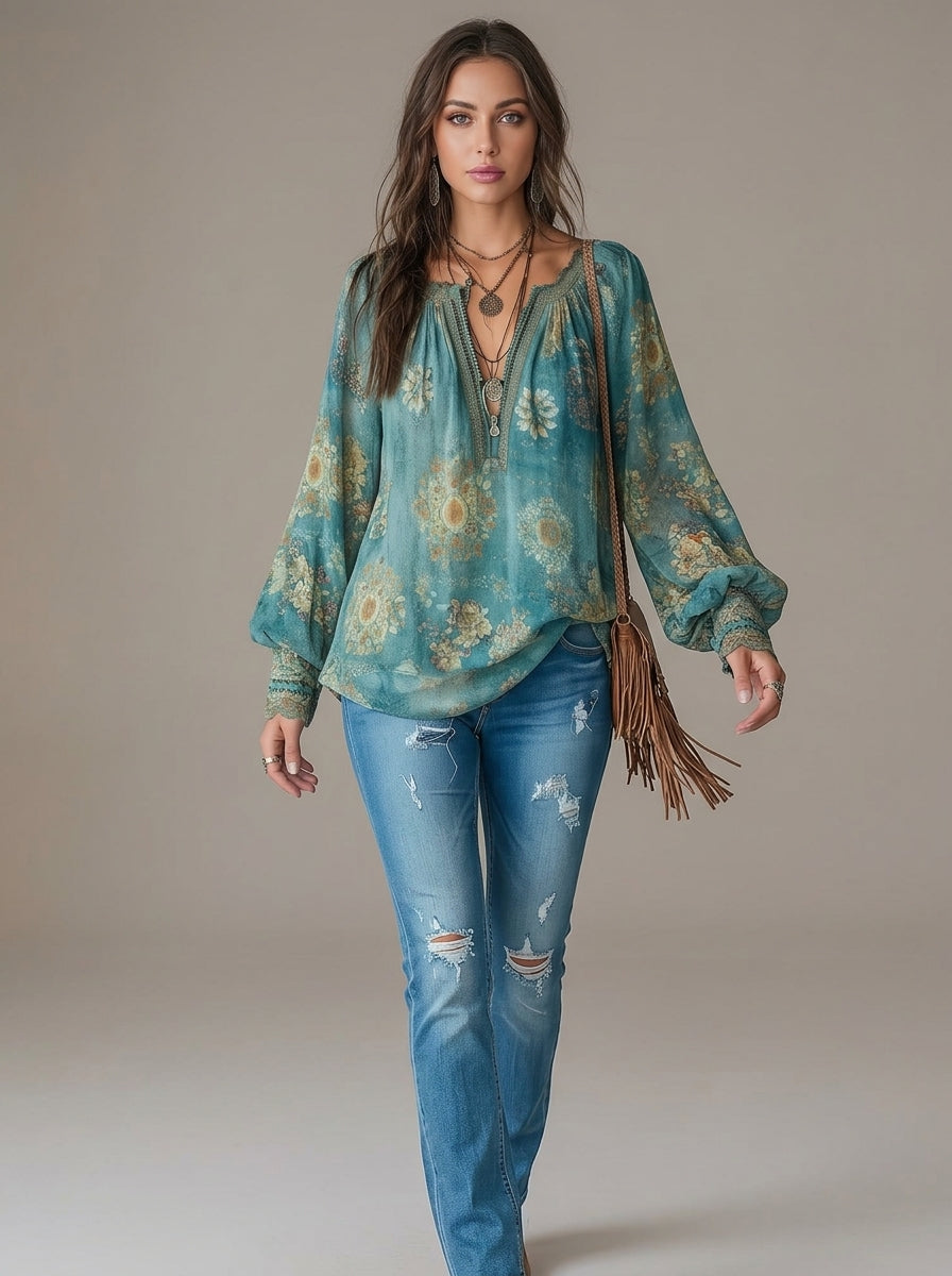 Bohemian Ethnic Floral Print Cotton Blouse - Teal V-Neck Tasseled Long Sleeve Top