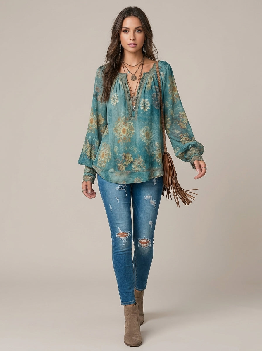 Bohemian Ethnic Floral Print Cotton Blouse - Teal V-Neck Tasseled Long Sleeve Top