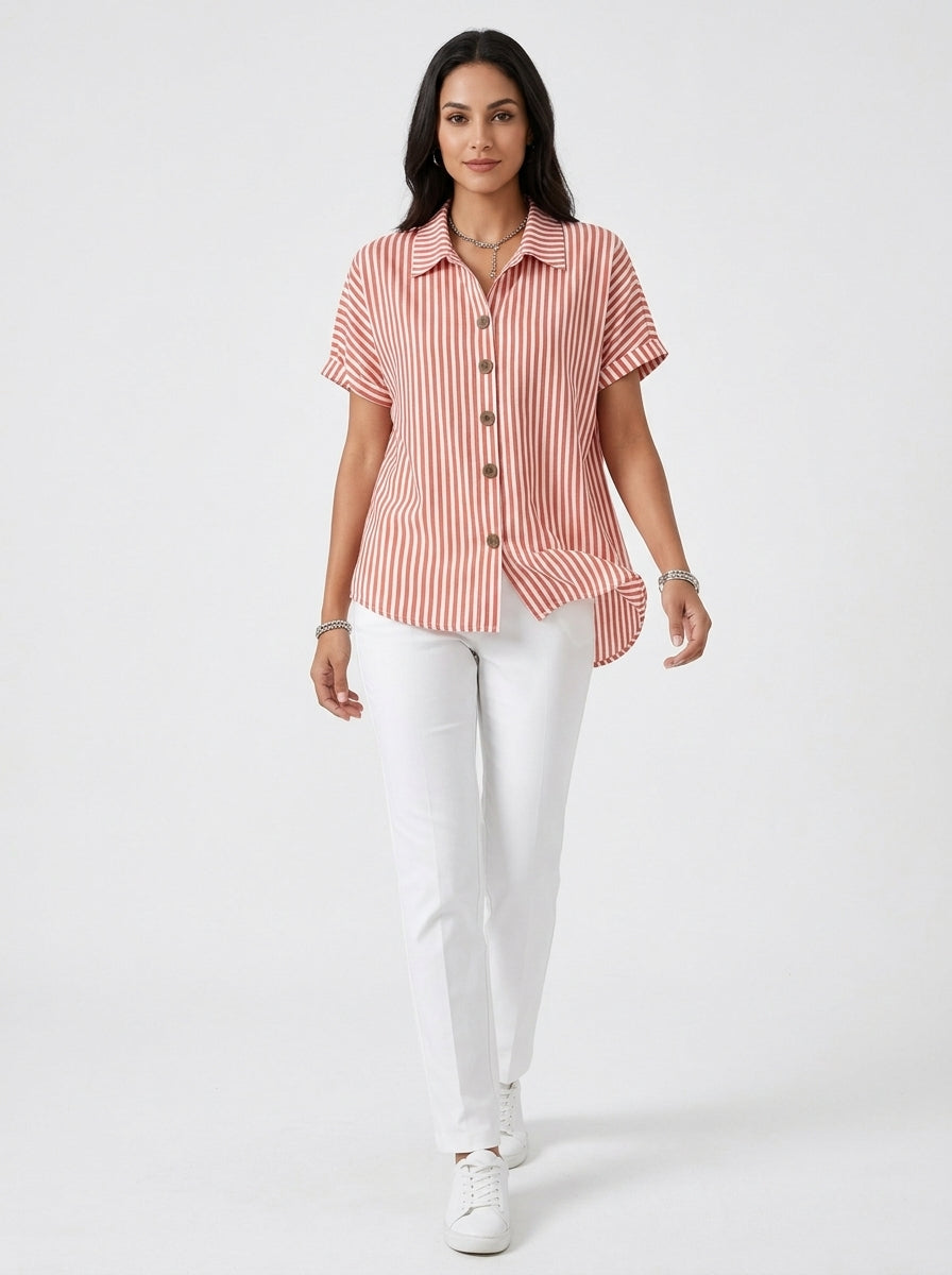 Classic Cotton Striped Button-Up Shirt - Red White Short Sleeve Top