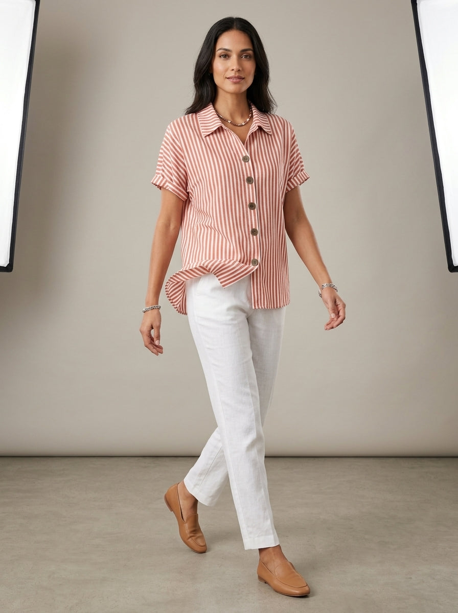 Classic Cotton Striped Button-Up Shirt - Red White Short Sleeve Top