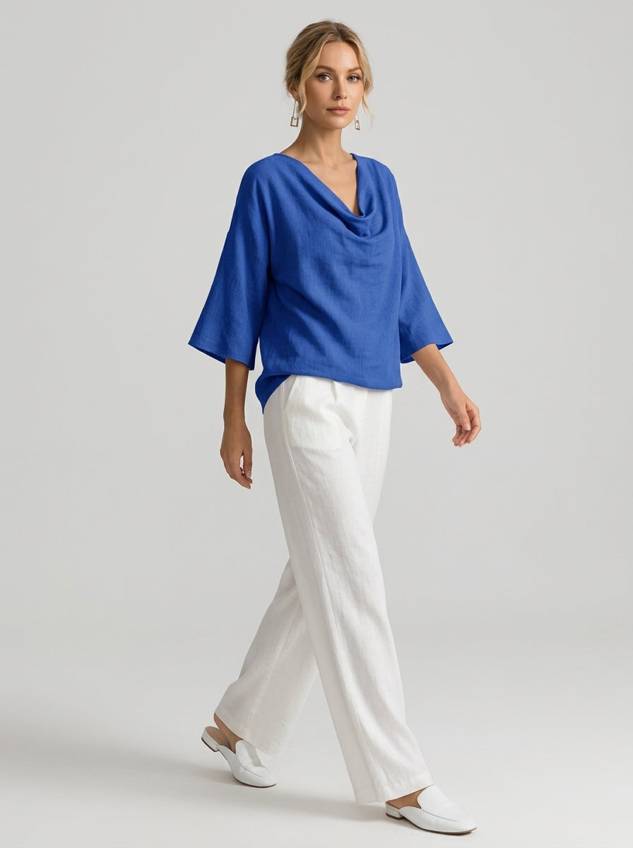 Elegant Cotton Linen Blouse - Blue Cowl Neck 3/4 Sleeve Top