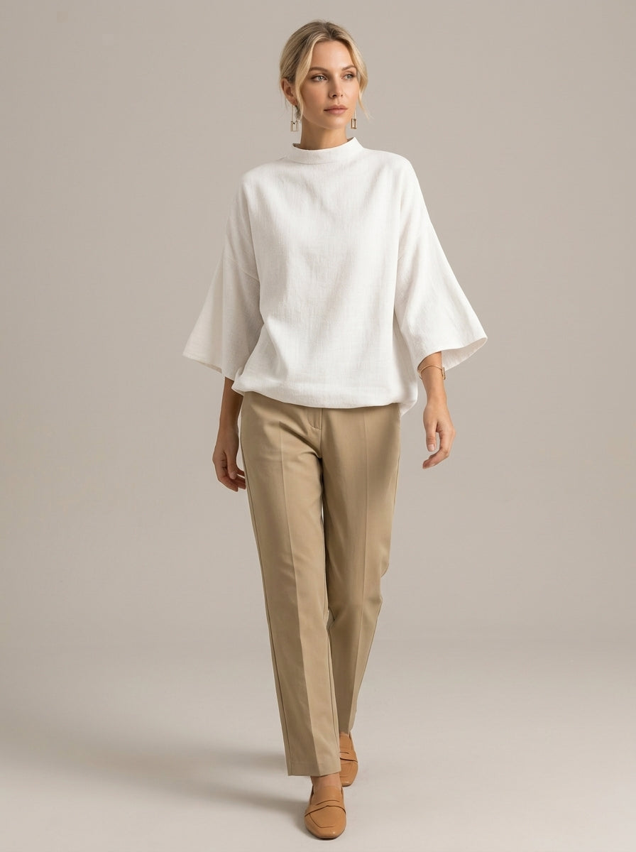 Minimalist Cotton Linen Shirt - White Mock Neck Short Sleeve Top