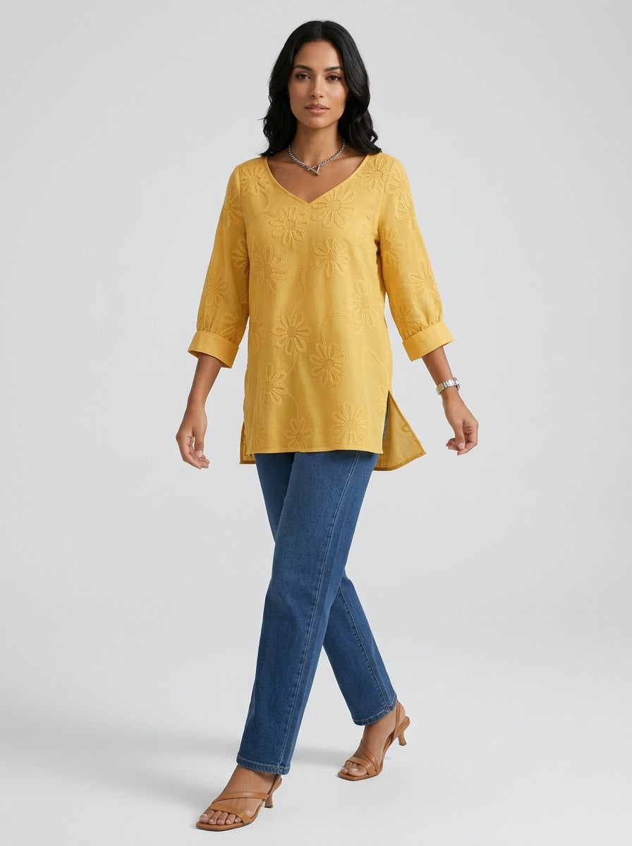Casual Cotton Blouse - Yellow V-Neck 3/4 Sleeve Floral Embroidered Top