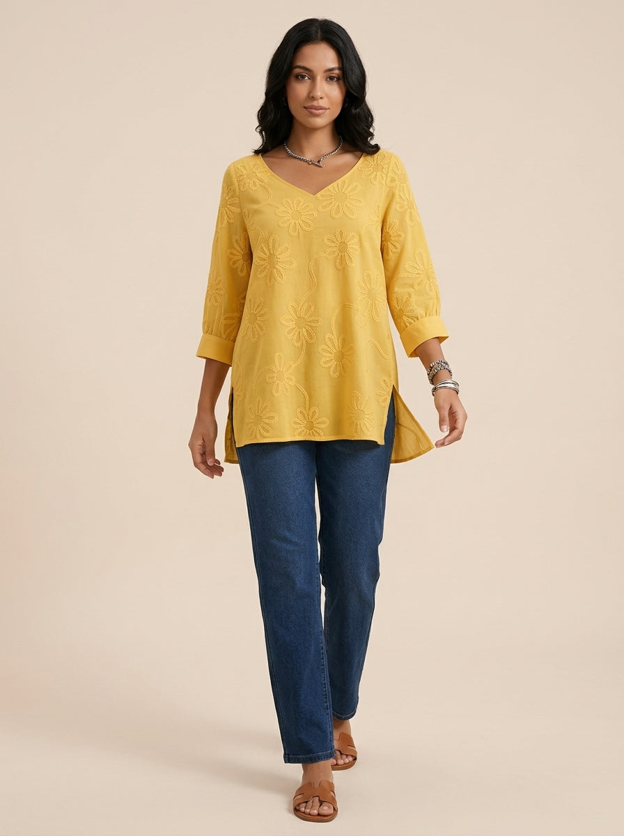 Casual Cotton Blouse - Yellow V-Neck 3/4 Sleeve Floral Embroidered Top
