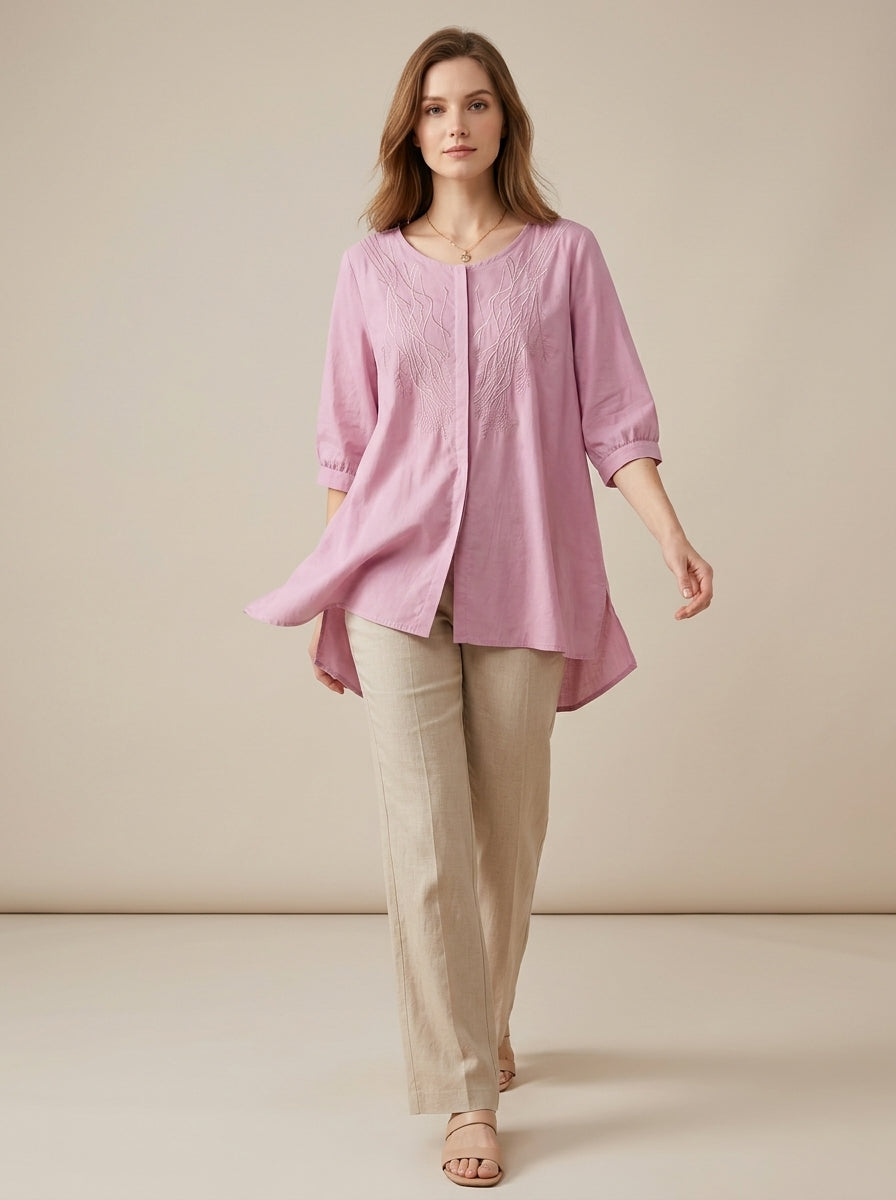 Versatile Embroidered Blouse - Pink V-Neck Half Sleeve Loose Top
