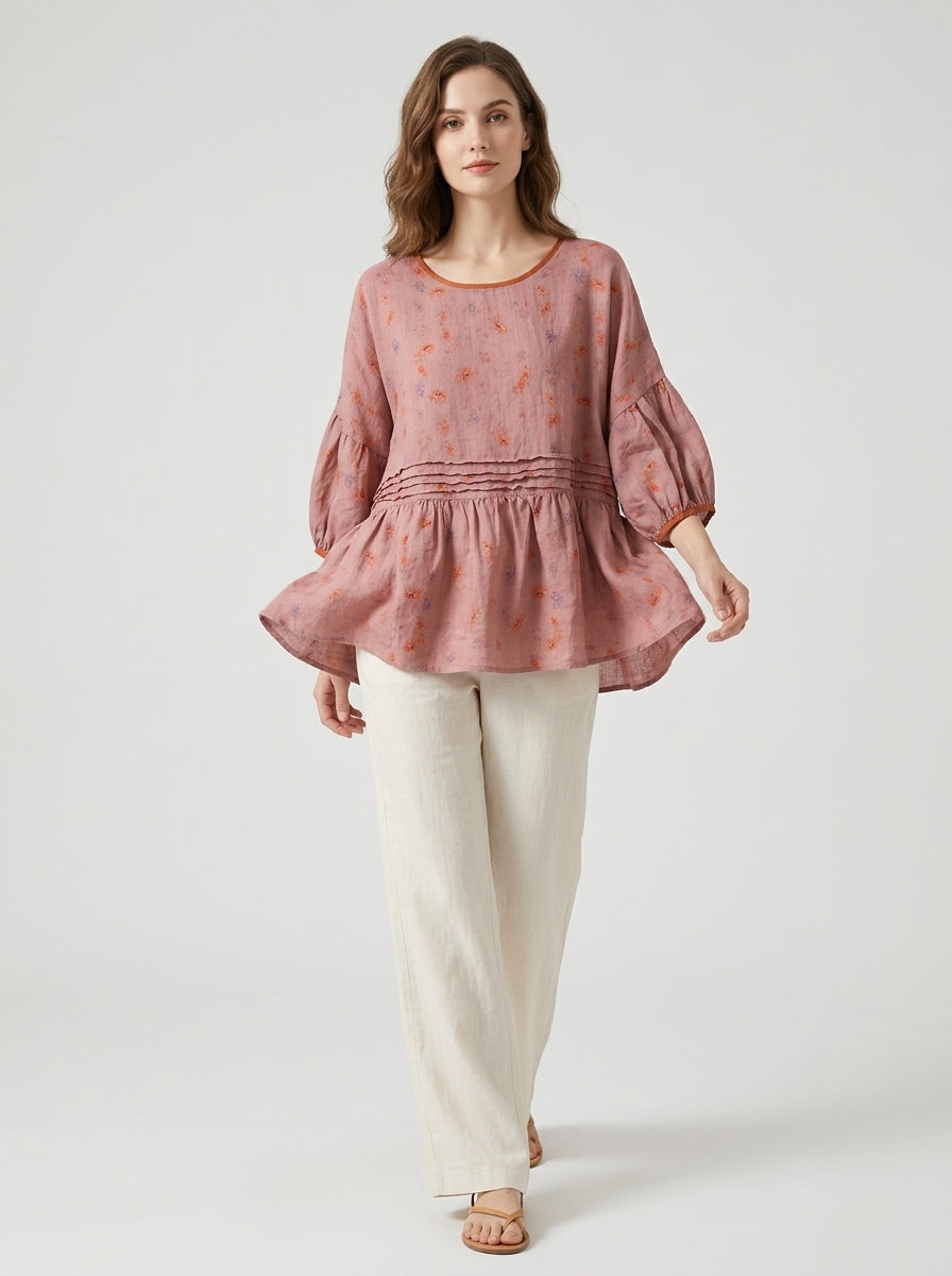 Trendy Boho Print Blouse - Pink Floral Round Neck Half Sleeve Peplum Top
