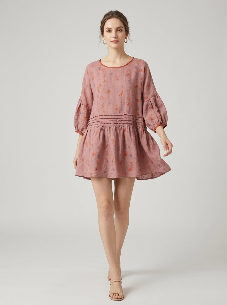 Trendy Boho Print Blouse - Pink Floral Round Neck Half Sleeve Peplum Top