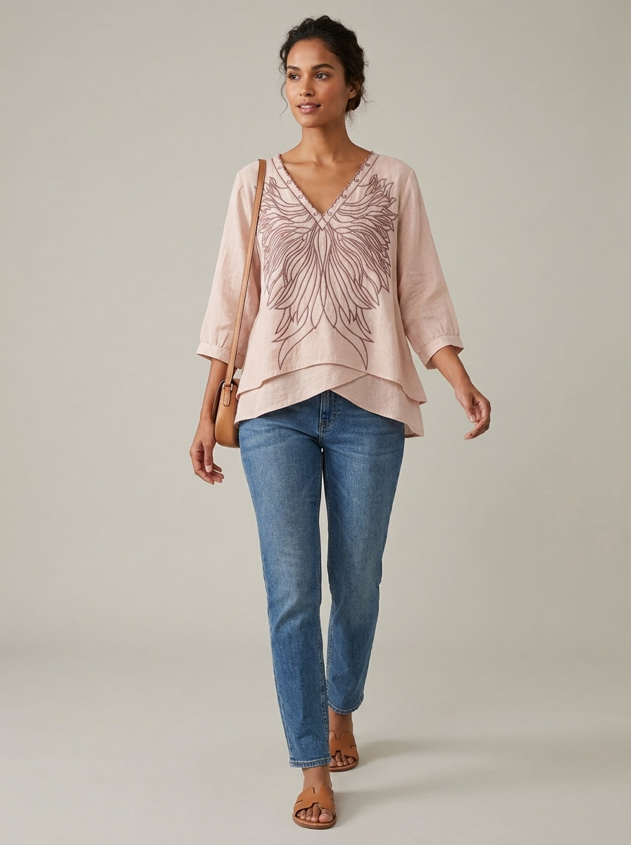 Boho Casual Cotton Blouse - Pink Embroidered V-Neck 3/4 Sleeve Top