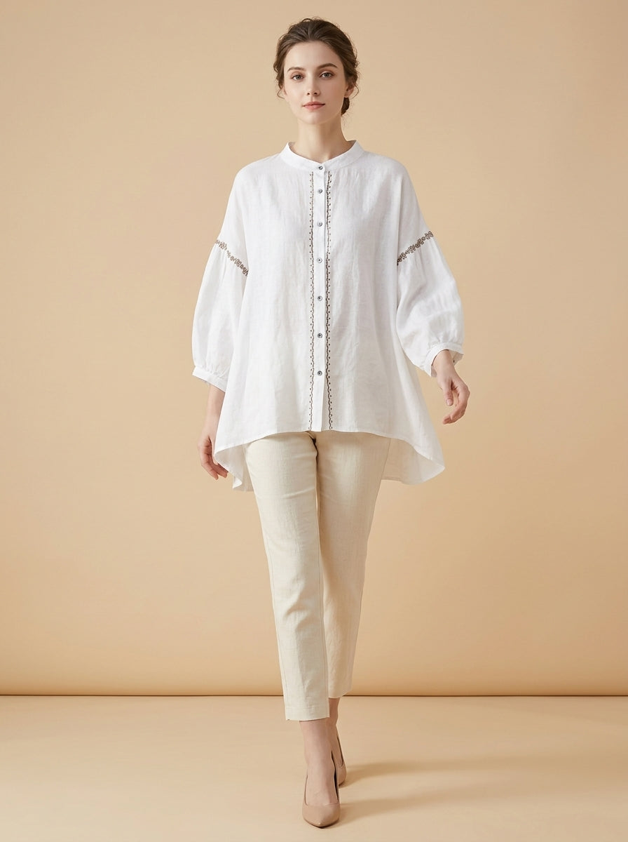 Loose Vintage Blouse - White Peter Pan Collar Embroidered Sleeve Top