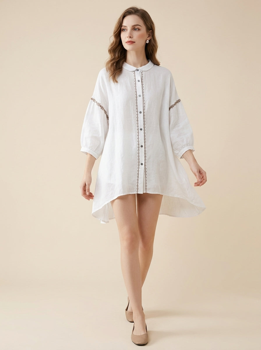 Loose Vintage Blouse - White Peter Pan Collar Embroidered Sleeve Top