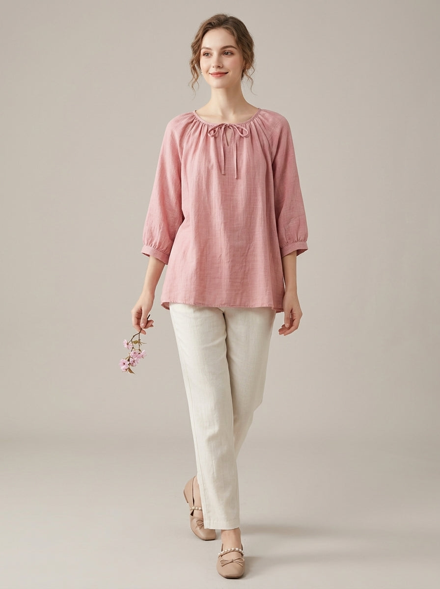 Loose Casual Cotton Blouse - Pink Tie-Neck 3/4 Sleeve Top