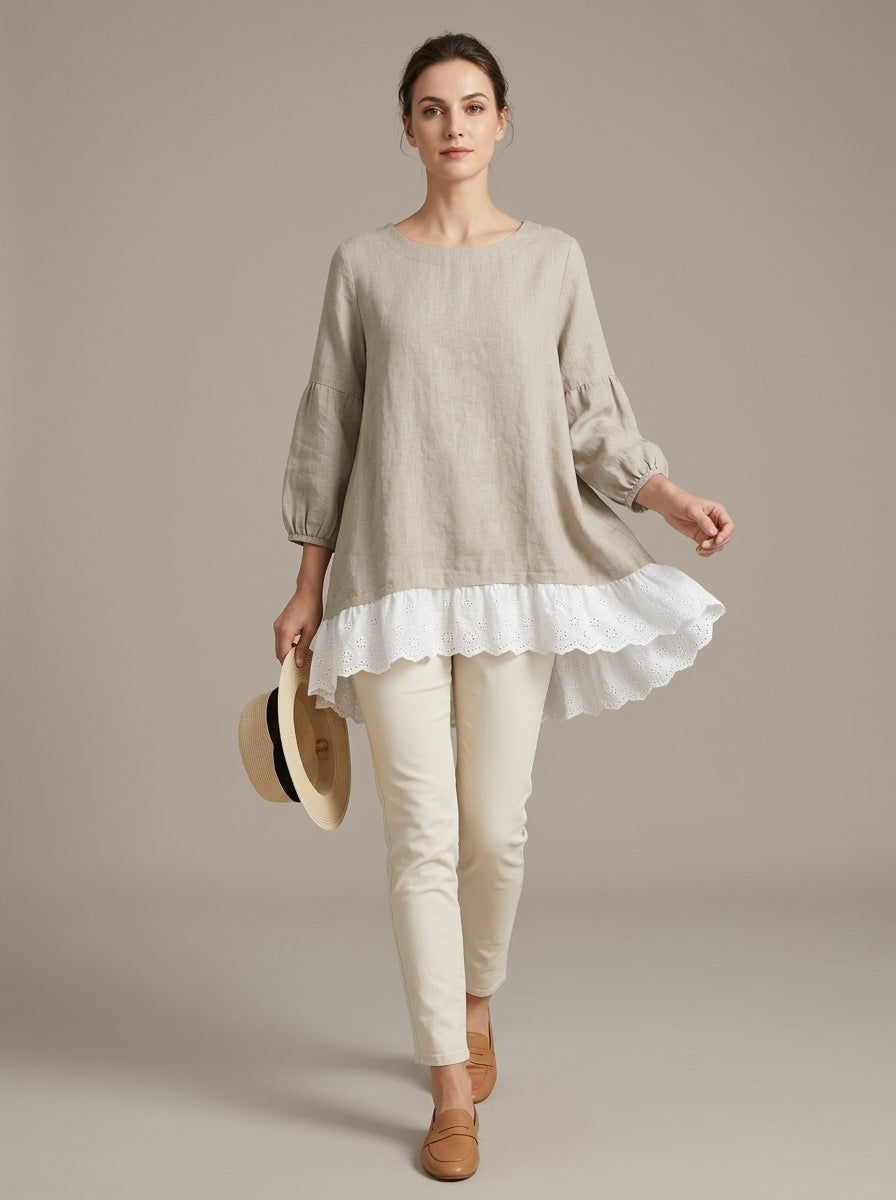Loose Casual Blouse - Beige Round Neck Lace Ruffle Hem Long Sleeve Top