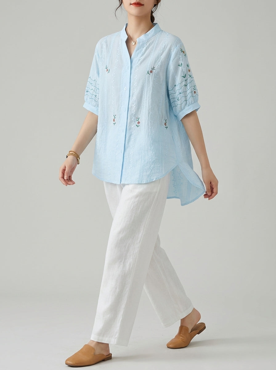 Vintage Embroidered Cotton Blouse - Blue Mandarin Collar Short Sleeve Top