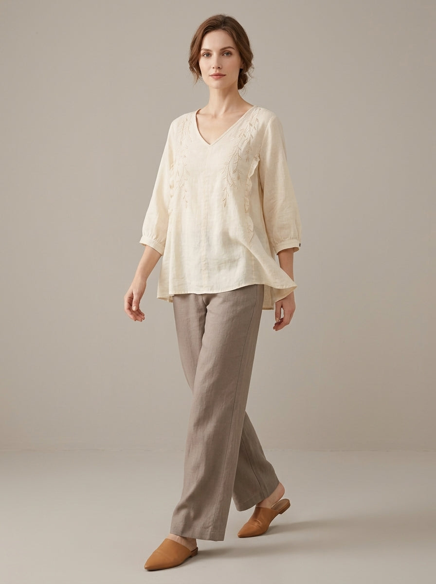 Trendy Embroidered Cotton Blouse - Cream V-Neck 3/4 Sleeve Ruffle Top
