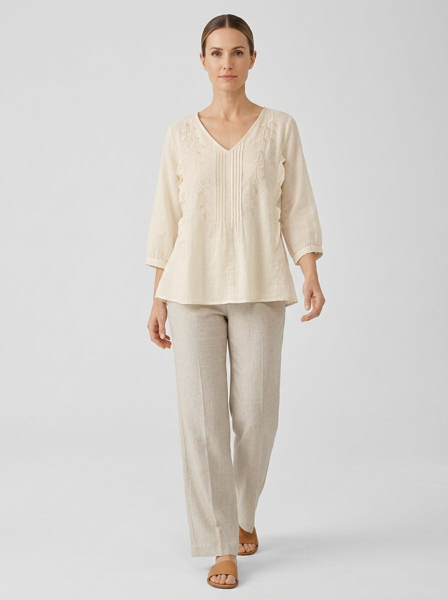 Trendy Embroidered Cotton Blouse - Cream V-Neck 3/4 Sleeve Ruffle Top