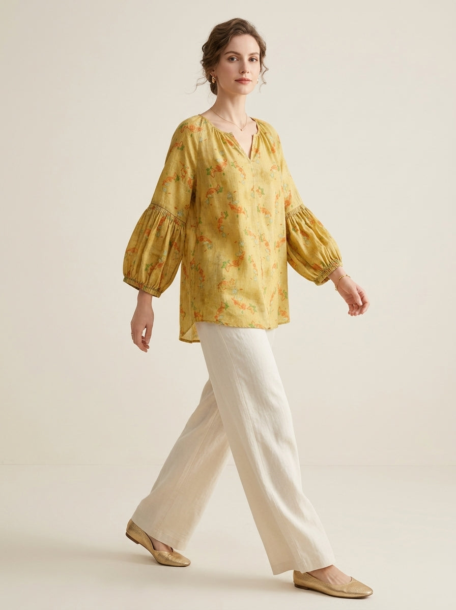 Loose Boho Cotton Blouse - Yellow Floral Print V-Neck Peasant Top