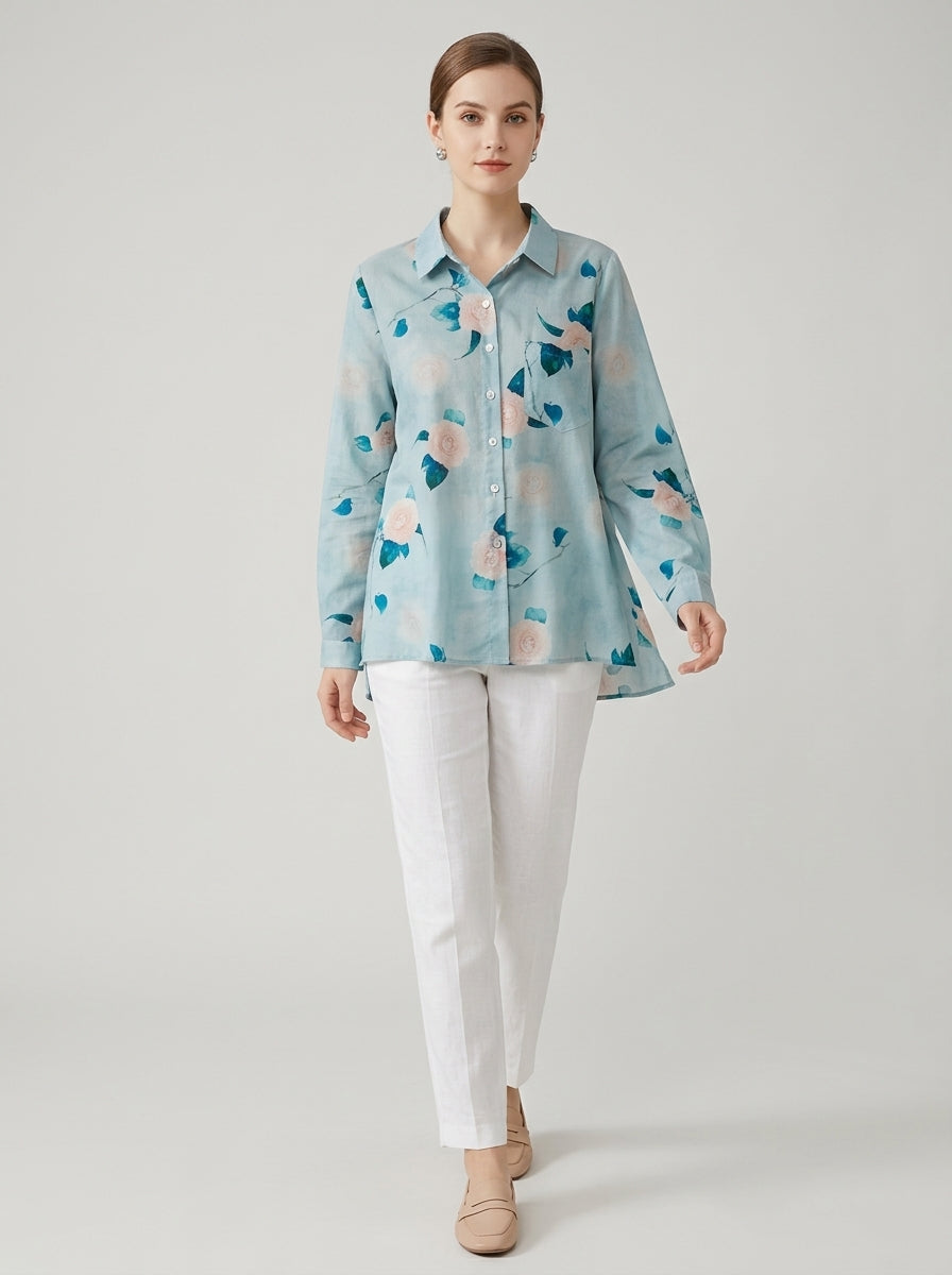 Boho Floral Print Cotton Shirt - Blue Collared Long Sleeve Top