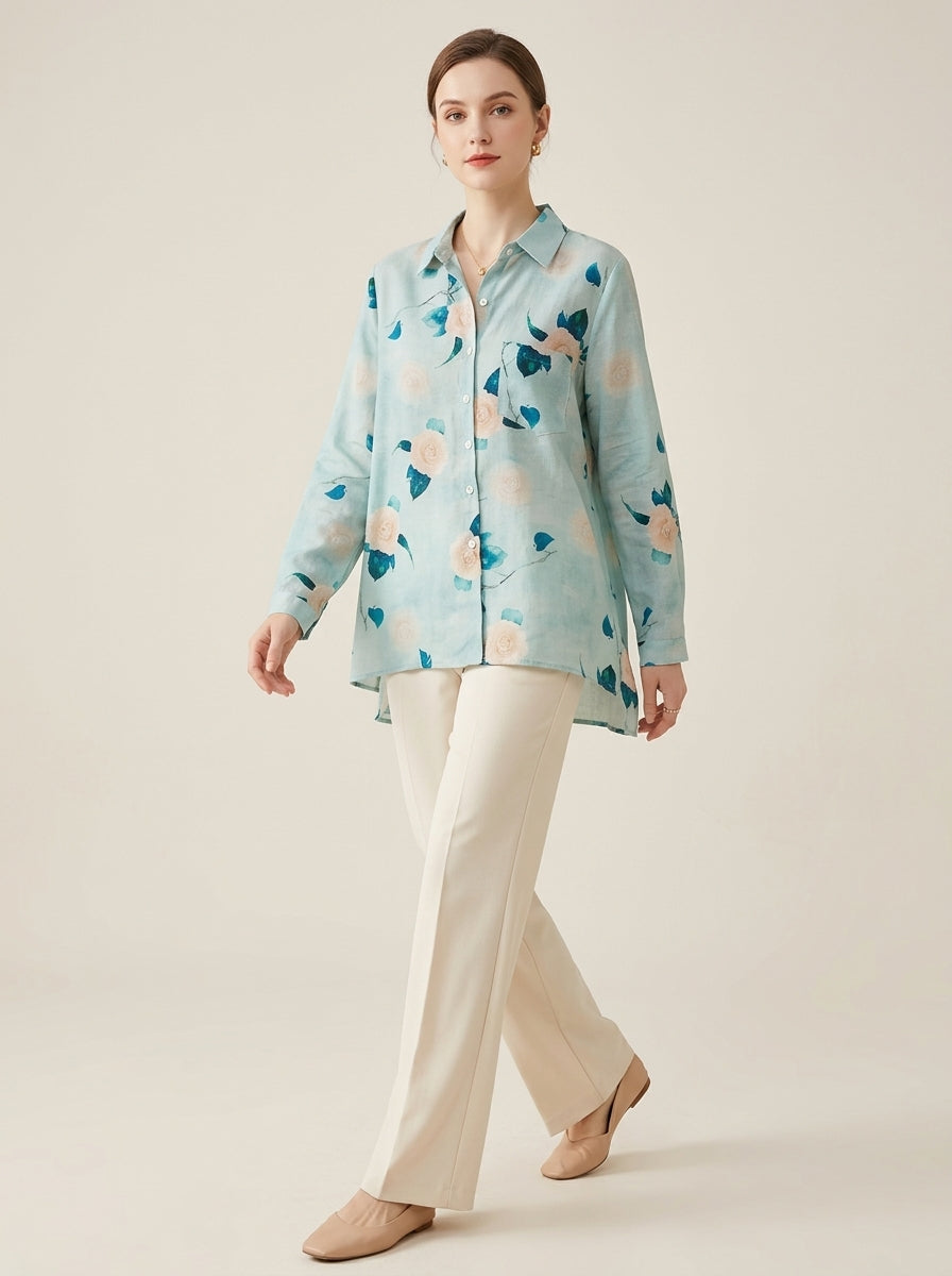 Boho Floral Print Cotton Shirt - Blue Collared Long Sleeve Top