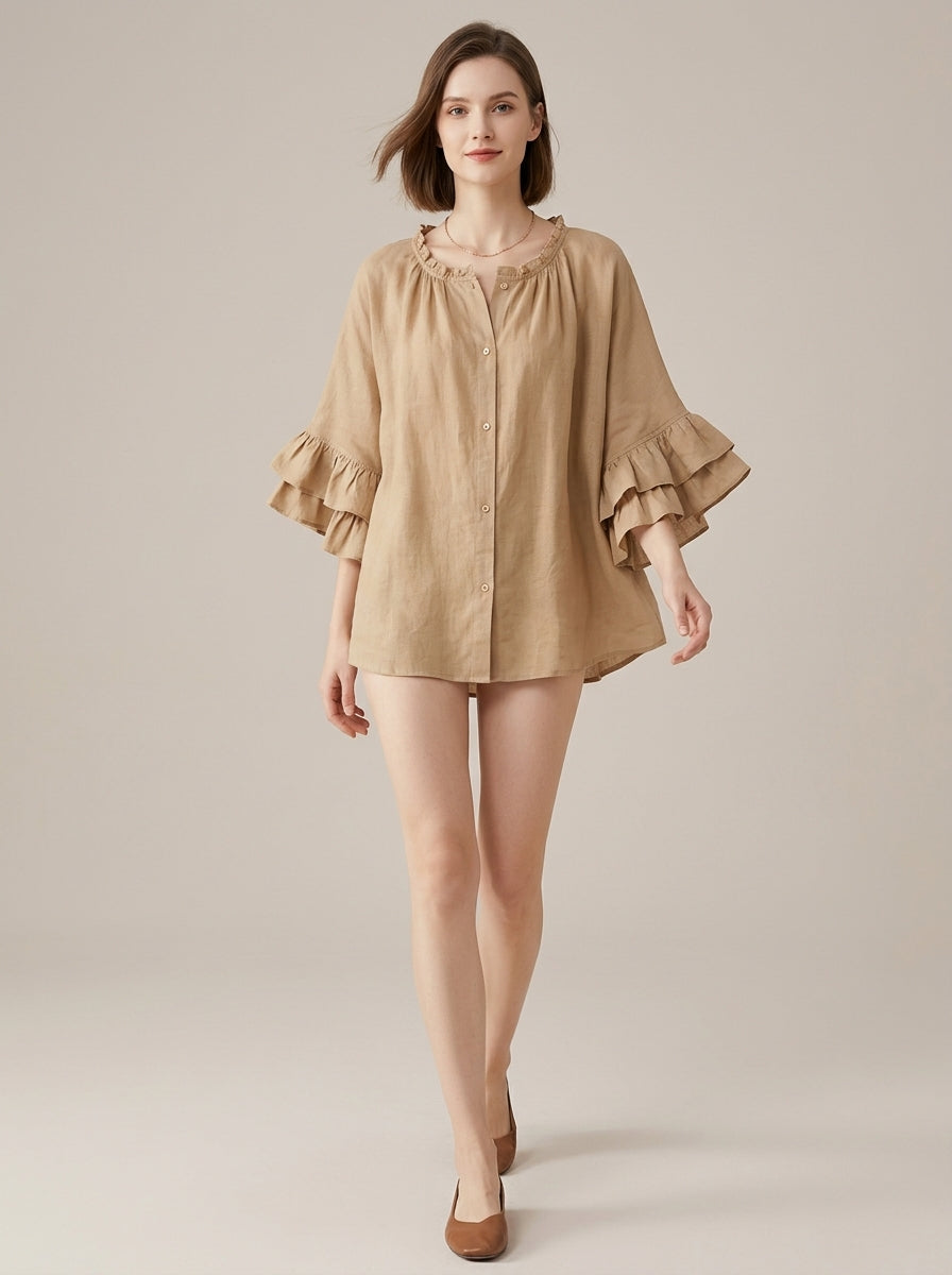 Retro Ruffled Blouse - Beige Round Neck Bell Sleeve Button-Up Top