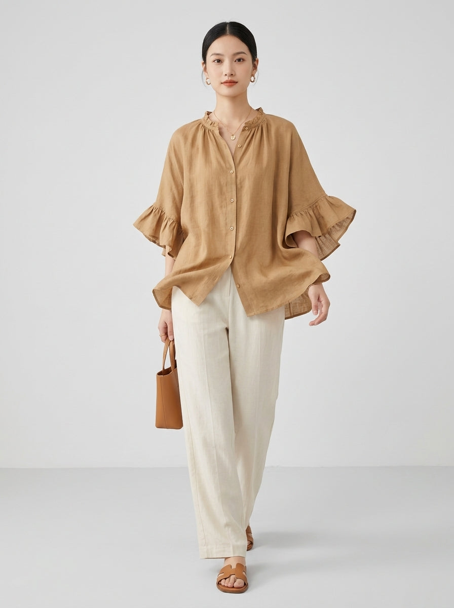 Retro Ruffled Blouse - Beige Round Neck Bell Sleeve Button-Up Top