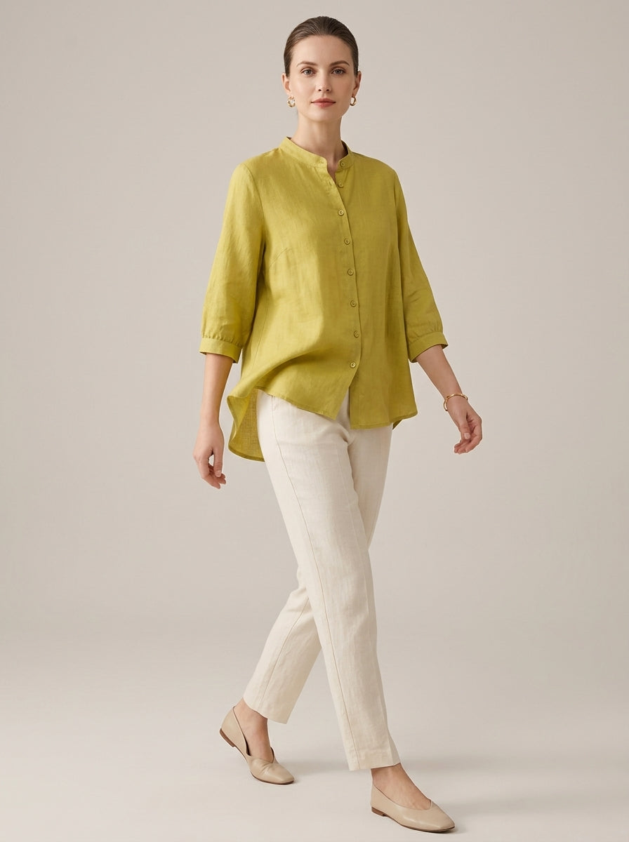 Loose Boho Embroidered Blouse - Chartreuse Mandarin Collar 3/4 Sleeve Top