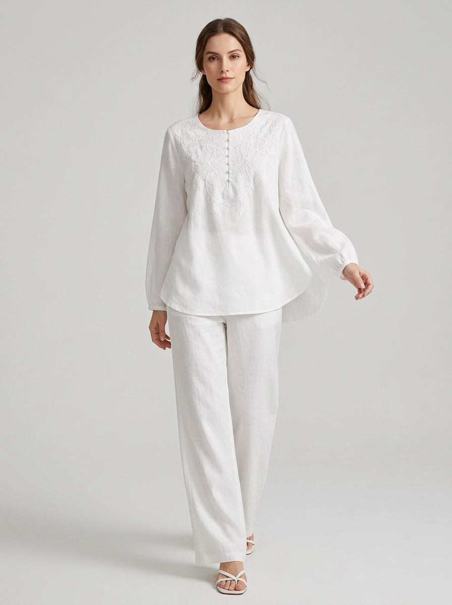 Versatile Boho Embroidered Blouse - White Round Neck Long Sleeve Top