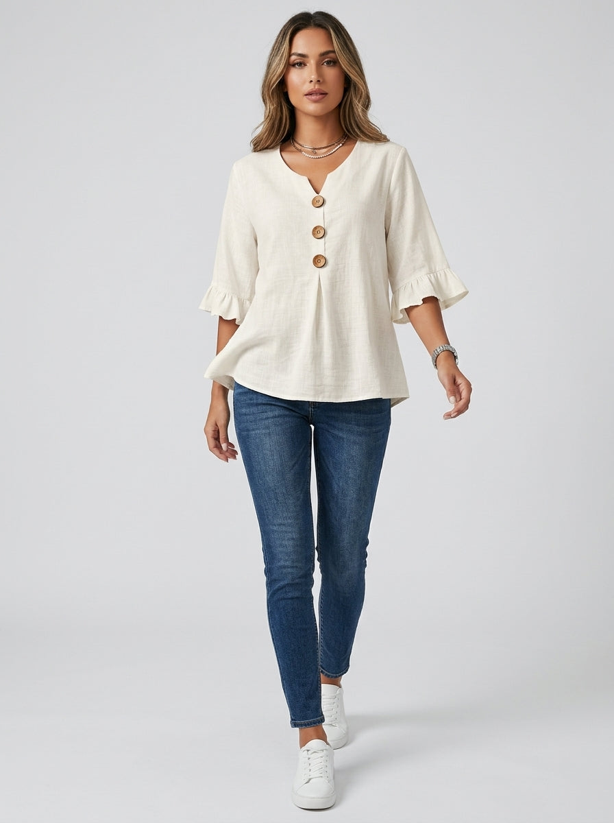 White V-Neck Wood Button Blouse - Ruffle Bell Sleeve Casual Top