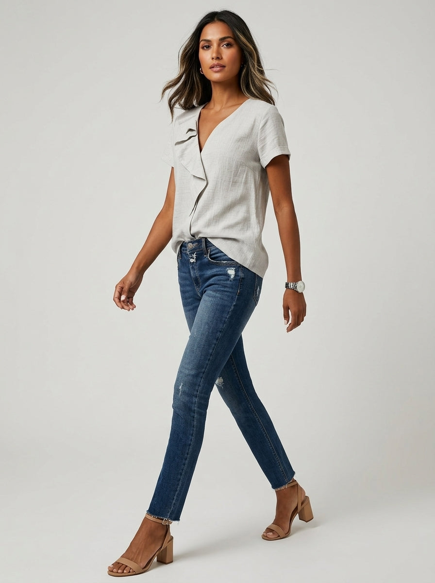 Grey Ruffle Collar Blouse - Faux Wrap V-Neck Cotton Casual Top