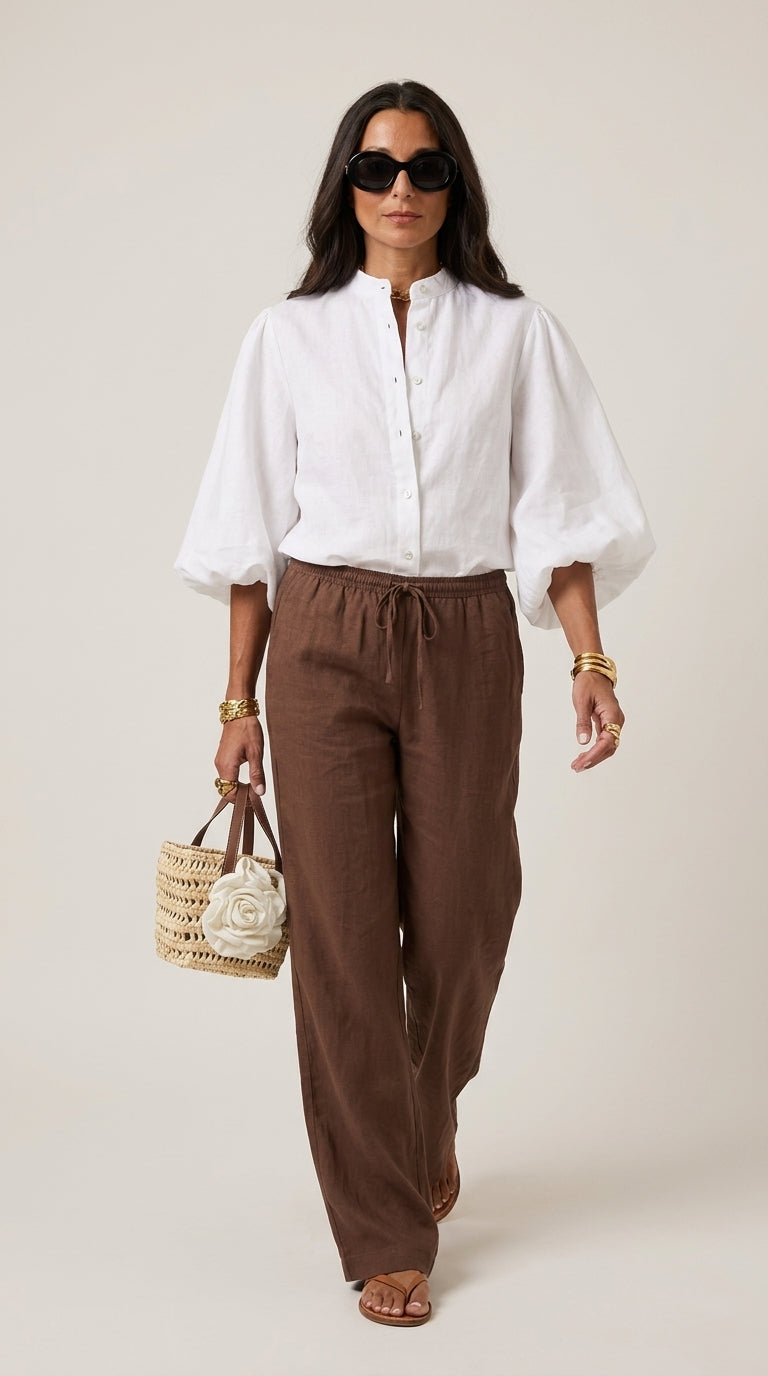 Linen Puff Sleeve Blouse in White - Button-Up Balloon Sleeve Shirt