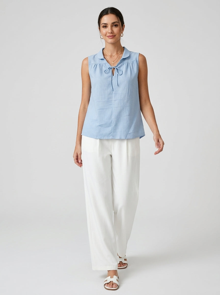 Light Blue Tie-Neck Collared Blouse - Sleeveless Cotton Top