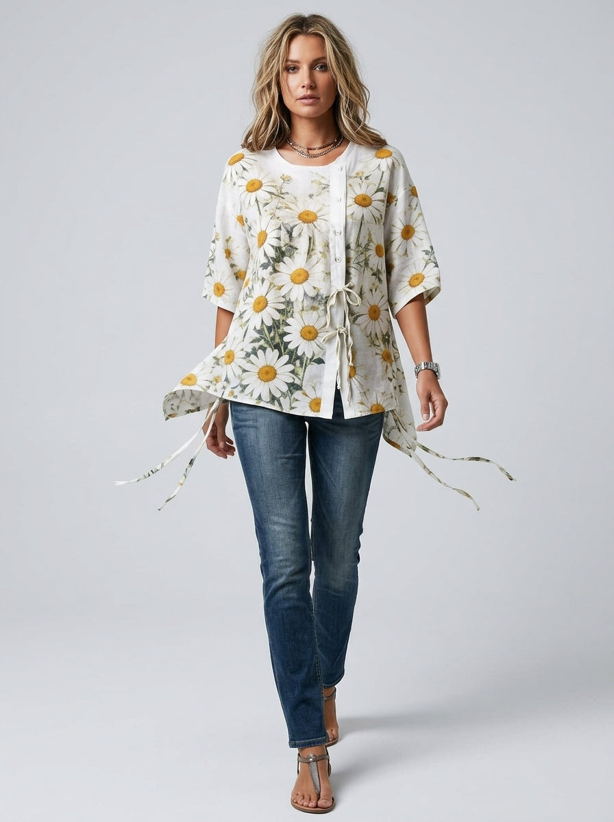 White Daisy Print Blouse - Round Neck Tie-Front Patchwork Top