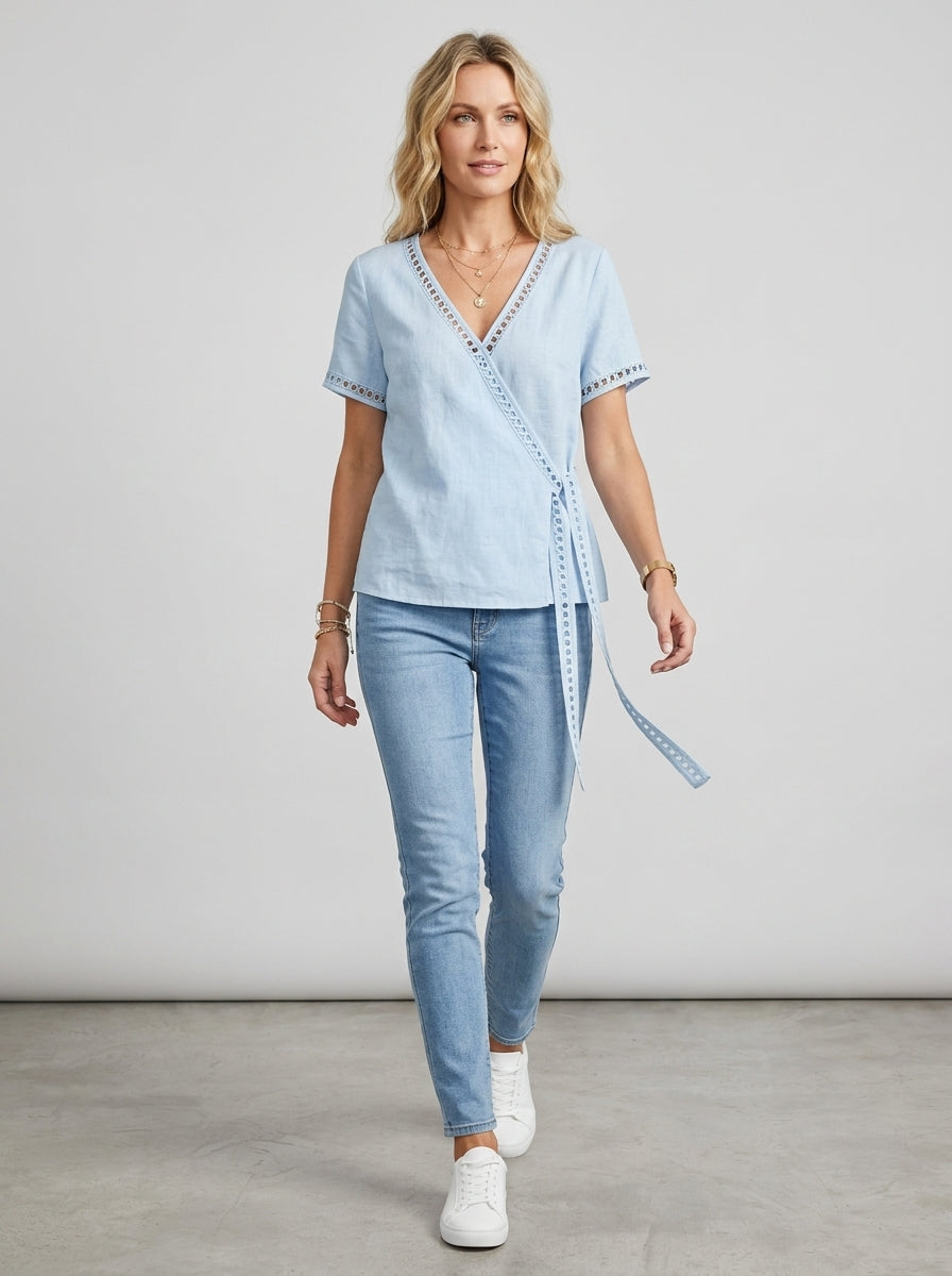 Blue Eyelet Trim V-Neck Blouse - Faux Wrap Short Sleeve Cotton Top