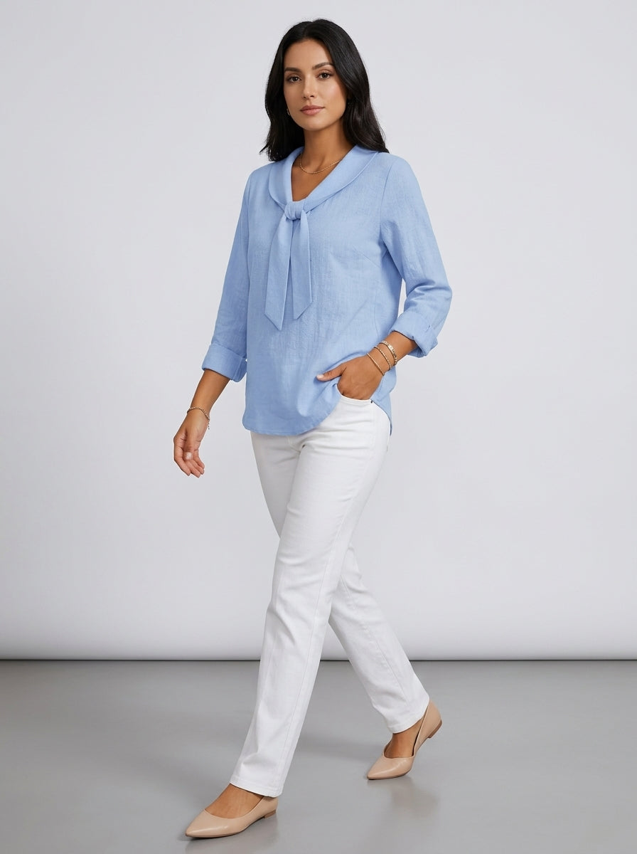 Light Blue Tie-Neck Blouse - Long Sleeve Notched Collar Casual Top