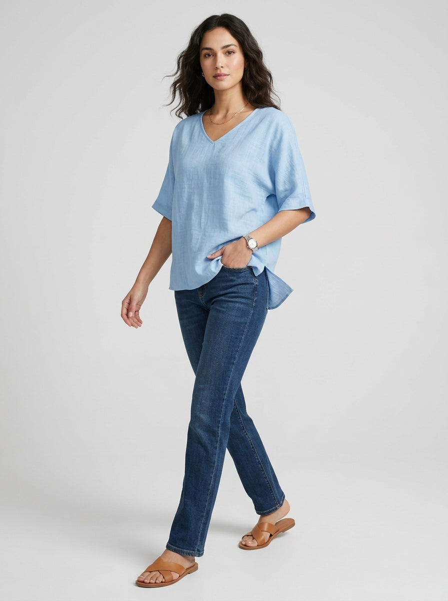 Light Blue V-Neck Blouse - Dolman Sleeve Asymmetric Hem Top