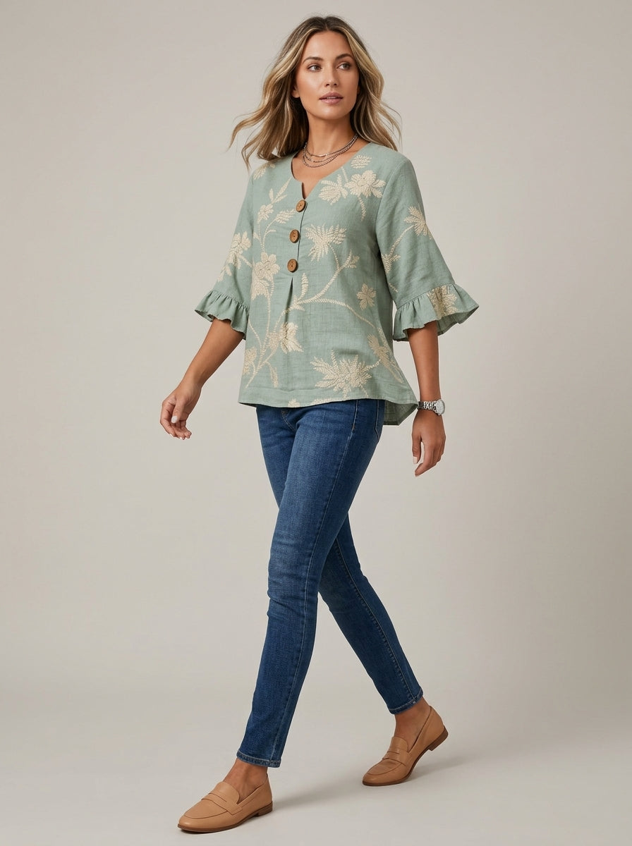 Sage Green Floral Print Blouse - Wood Button Ruffle Sleeve Top