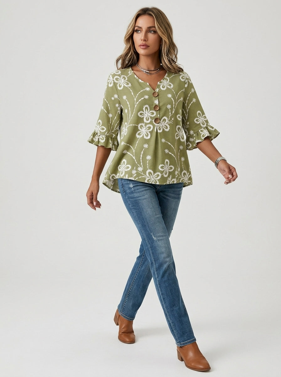 Olive Floral Print Blouse - Wood Button Ruffle Sleeve V-Neck Top
