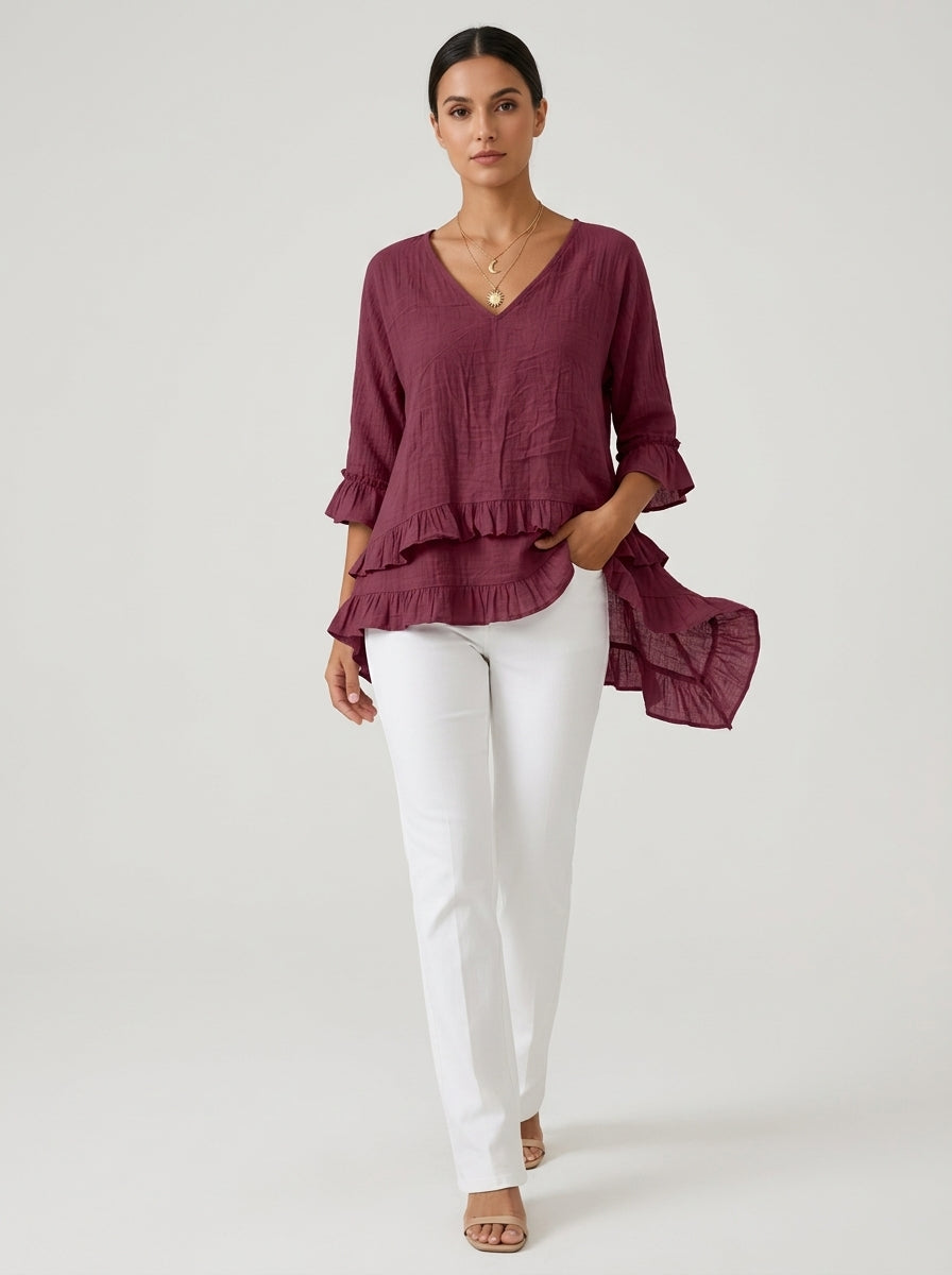Casual Cotton Linen V-Neck Ruffle Blouse in Burgundy - 3/4 Sleeve Tiered Ruffle Hem Blouse