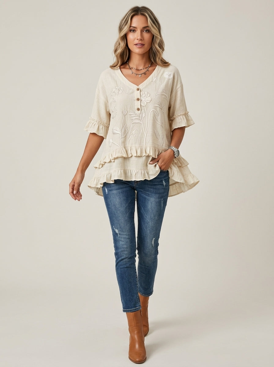 Retro Floral Embroidered V-Neck Ruffle Blouse in Cream - Button Placket 3/4 Sleeve Top
