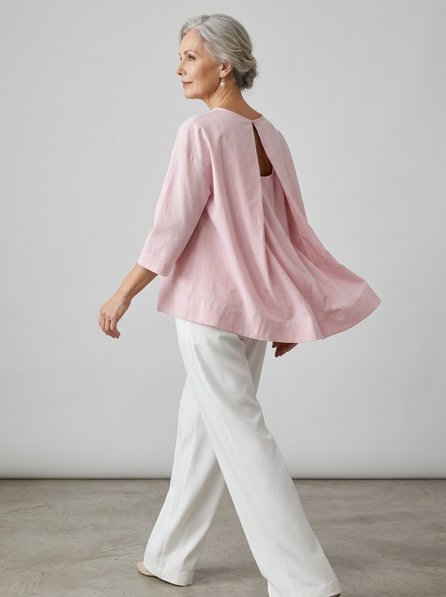 Elegant Cotton Open-Back Blouse in Blush Pink - Round Neck Keyhole Cutout Top