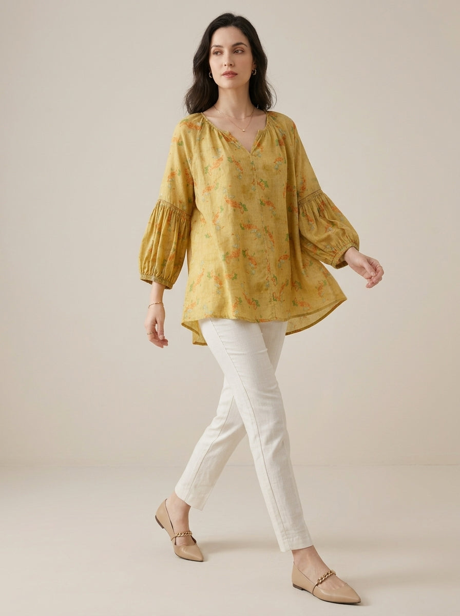 Loose Boho Cotton Blouse - Yellow Floral Print V-Neck Peasant Top