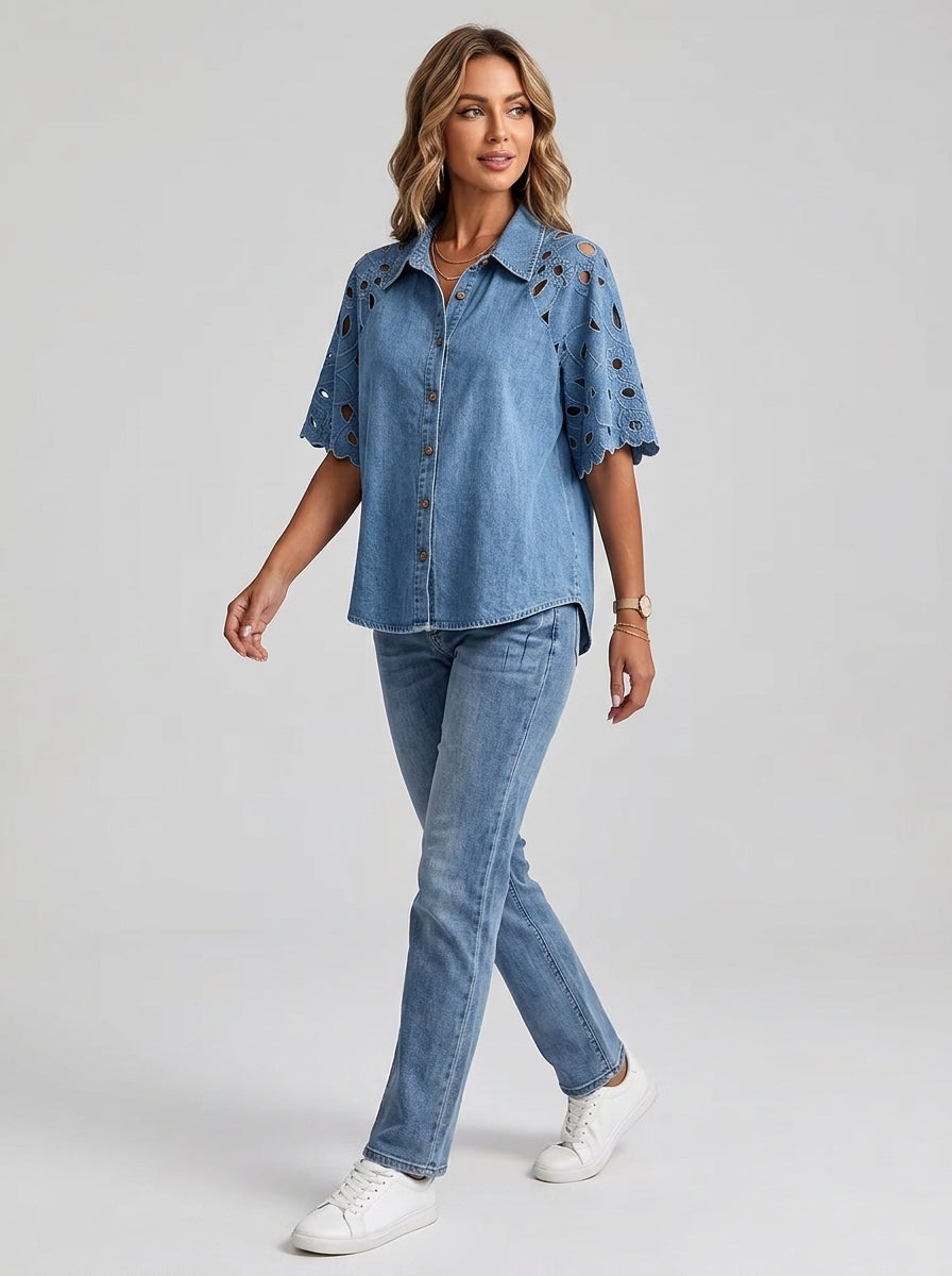 Vintage-Style Denim Shirt with Cutout Floral Lace Sleeve Panels - Button-Up Scalloped Sleeve Blouse