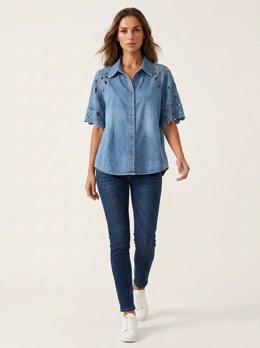 Vintage-Style Denim Shirt with Cutout Floral Lace Sleeve Panels - Button-Up Scalloped Sleeve Blouse