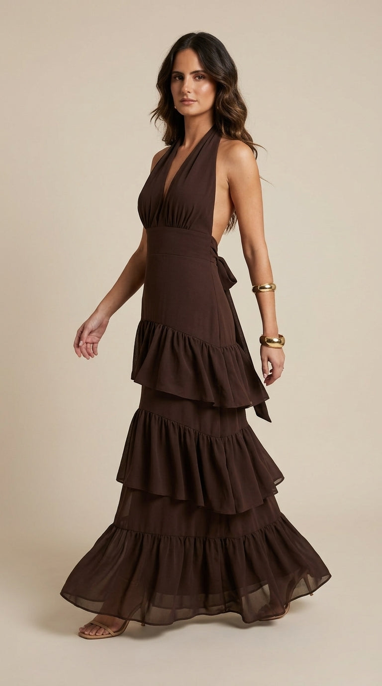 Manila Dress in Brown - Halter Tiered Ruffle Maxi Dress