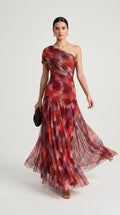 Toledo Dress Printed in Red - One-Shoulder Tie-Dye Maxi Dress