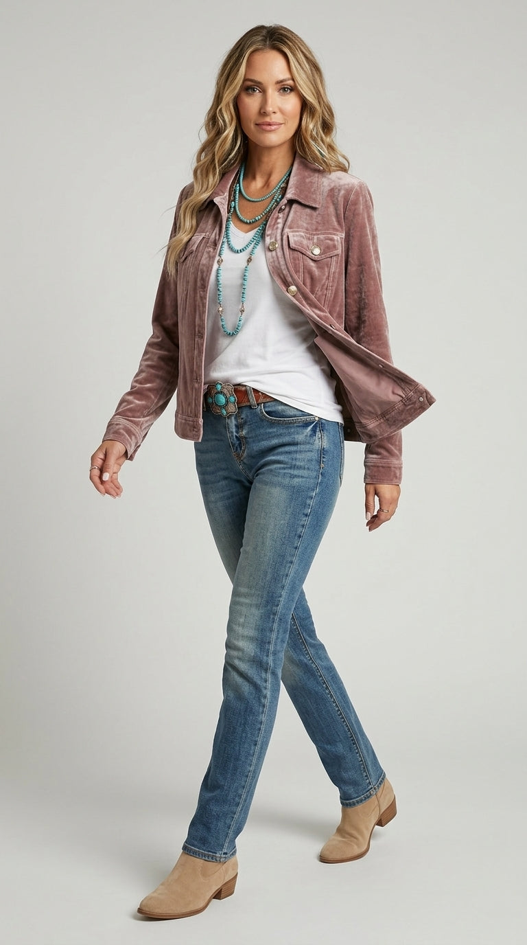 Rosalind Velvet Jacket in Mauve - Classic Collar Trucker Jacket