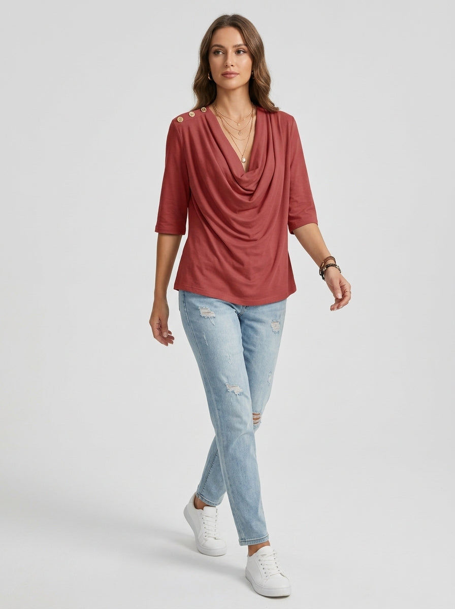 Elegant Cotton Blend Top - Red Cowl Neck Button-Shoulder Blouse